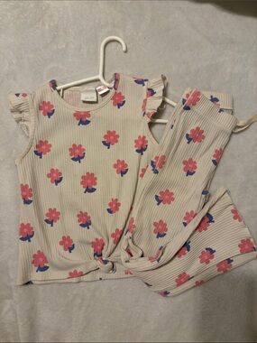 Cream Ribbed Floral Two-Piece Set with Pink & Blue Flowers